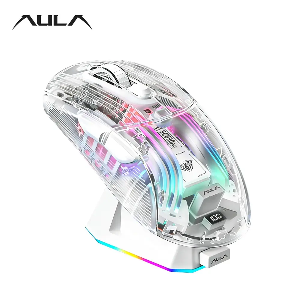 Aula Sc630pro Transparent Gaming Mouse, Gaming Accessories, Computer Peripherals, Cool Lighting Effects, Magnetic RGB Charging Base, Ergonomic Design, Compatible with Windows MAC iOS