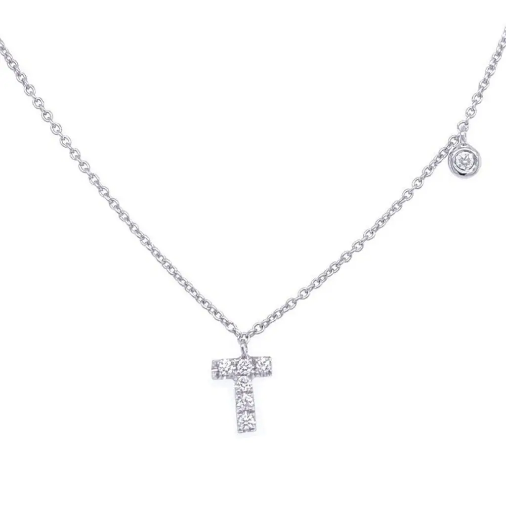 Initial Necklace Letter T with Diamond – 14k White Gold