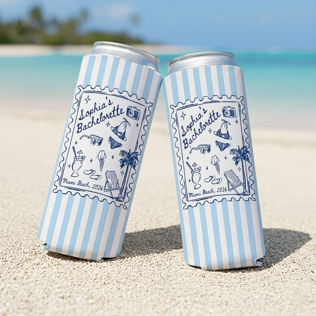 Coastal Bachelorette Can Coolers, Beach & Miami Bachelorette Party Favors, Personalized Bridal Party Drink Sleeves, Regular & Slim Sizes