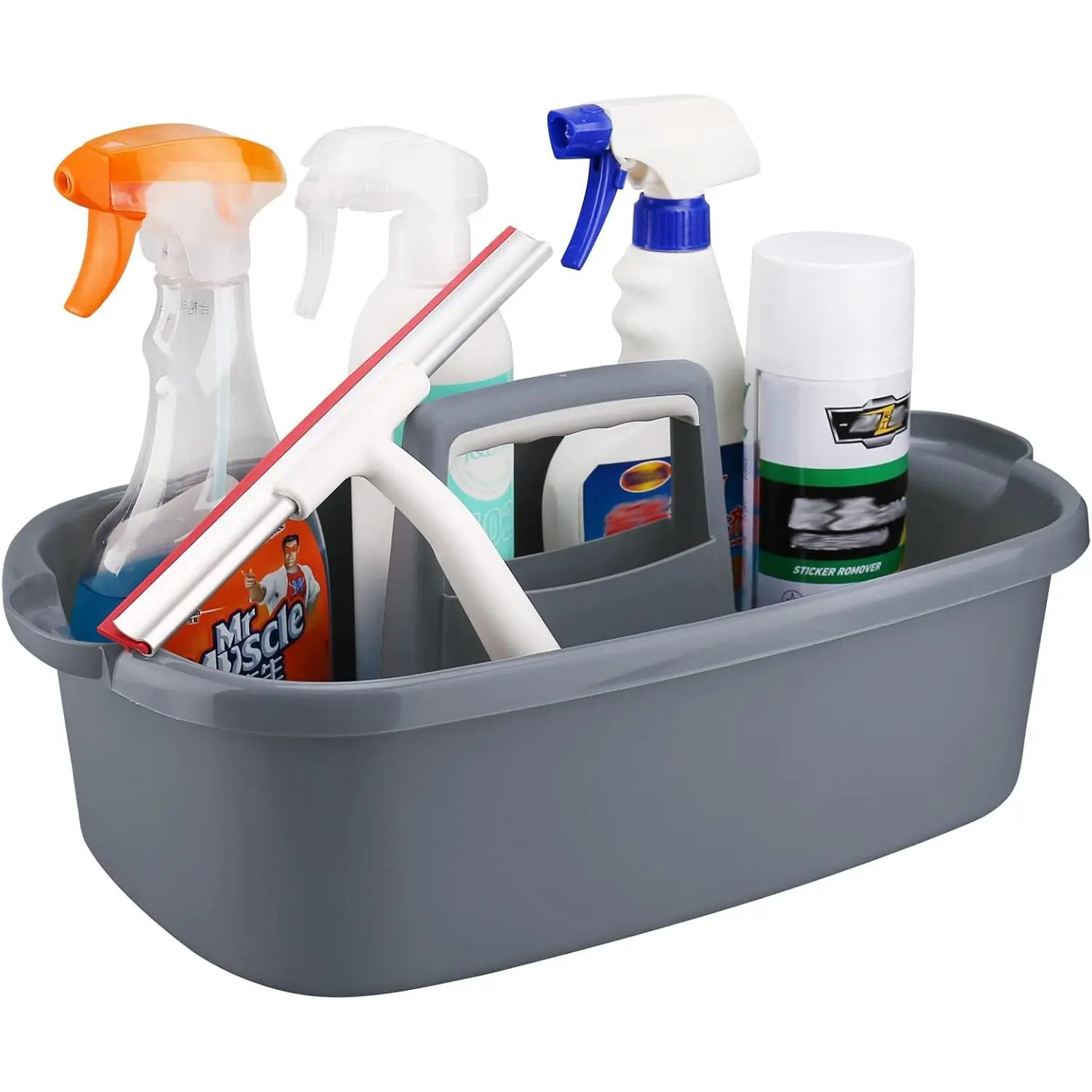 Large Gray Plastic Multifunctional Cleaning Supplies Caddy - Basket with Handles for Home Storage Supplies, Cabinet, Family Household Organizer
