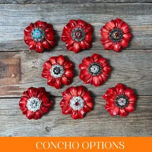Red Carnations Leather Flowers - 1" Crystal Conchos - Options