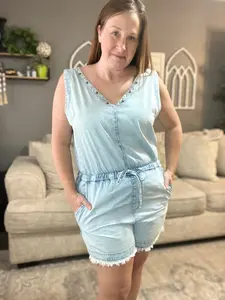 Beau Studded Denim Romper - Classic Denim with Studded Detail, Front Pocket, and Comfortable Fit