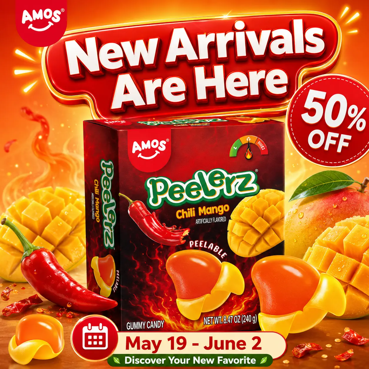 AMOS Peelerz Chili Mango Gummies, Sweet & Spicy Peelable Candy, Fun Interactive Gummy Snack, Soft Chewy Texture, Tropical Mango Flavor with Chili Kick, 240g Pack