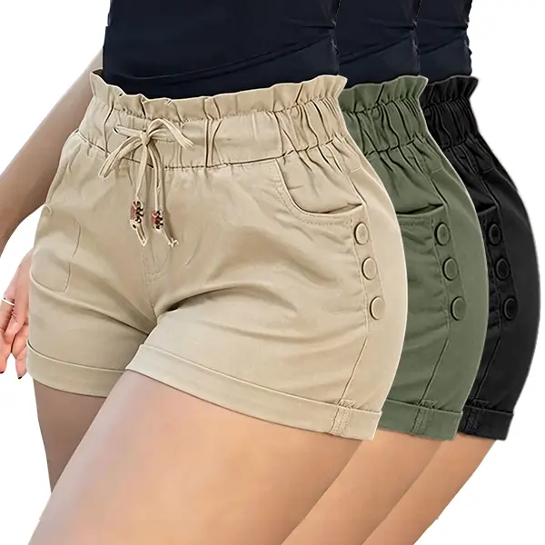 Women's Relaxed Petal-Waist Short Bottoms - Single Piece, Ruffle Waistband, Front Pockets, Elastic Drawstring, Breathable Fabric, Loose Comfortable Fit for Campus Everyday Wear, Weekend Gatherings, Lightweight