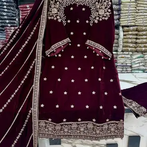 3pc Boutique style stitched  velvet suit with embroidery work with velvet shawl and velvet trouser for wedding and party wear