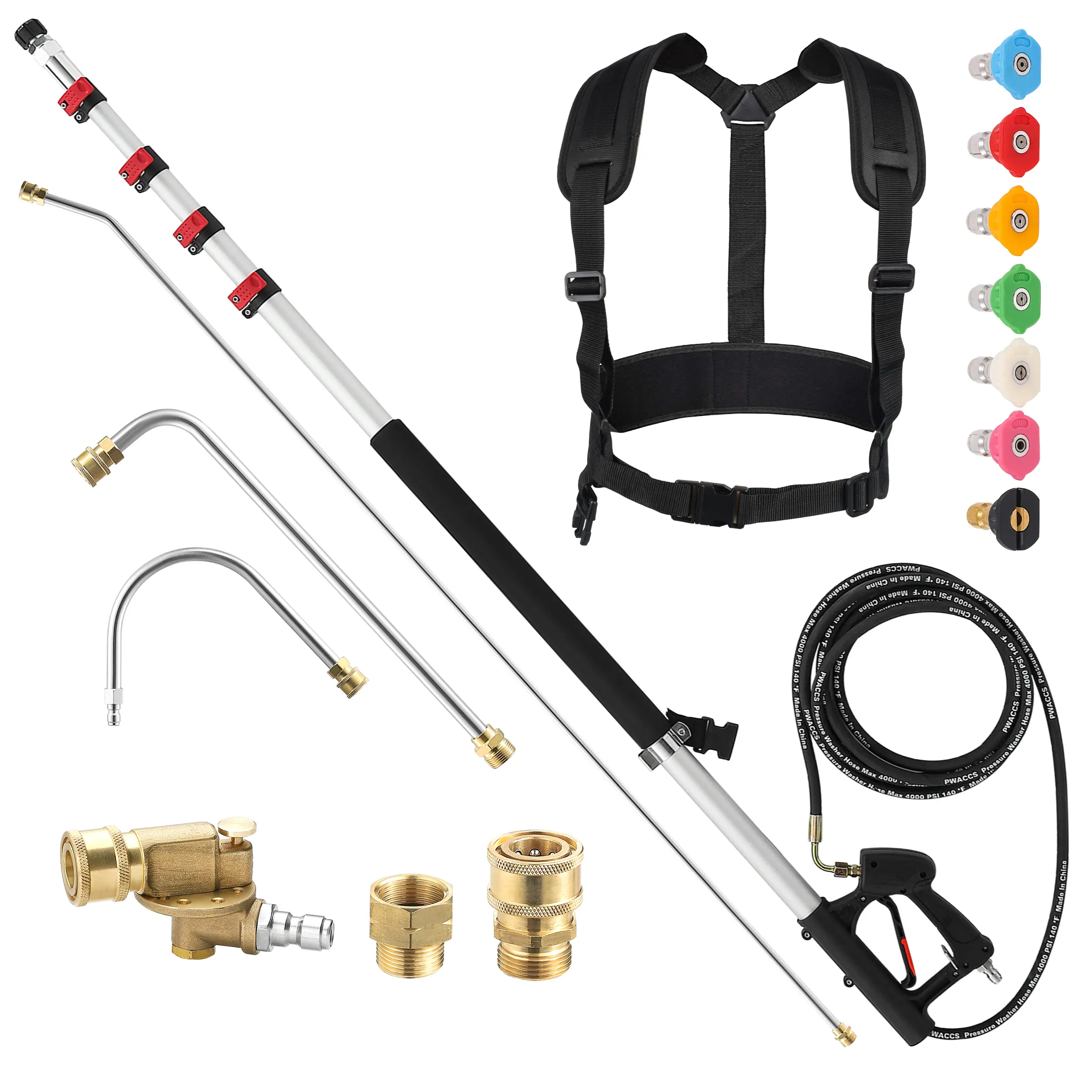 PWACCS Portable 24ft Aluminum Telescoping Pressure Washer Wand Extension Tool Full Kit - Hardware Handle, 7 Nozzle Tips, 2 Adapters, Pivoting Coupler, Support Belt, Control-Enhancing Design, Father's Day Gift for Gutters