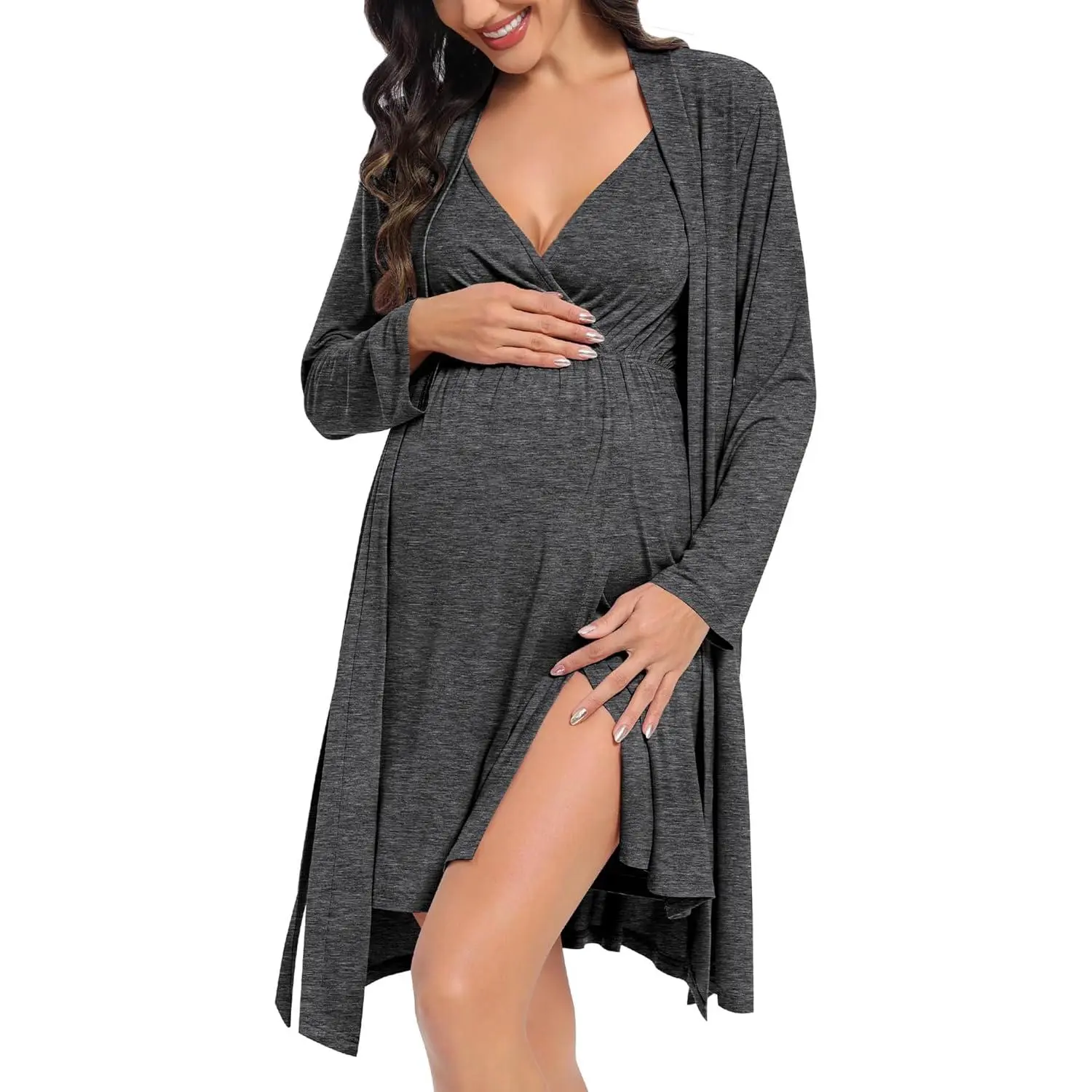 Women's 2PCS Soft Spandex Maternity Set - 3-in-1 Nursing Nightgown, Postpartum Birthing Bathrobe, Nursing-Friendly Labor Delivery Pjs, Soft Nursing Clothes
