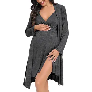 Womens Maternity Set 2PCS Nursing Nightgown for Breastfeeding 3 in 1 Labor Delivery Nursing Dress Birthing Bathrobe Set