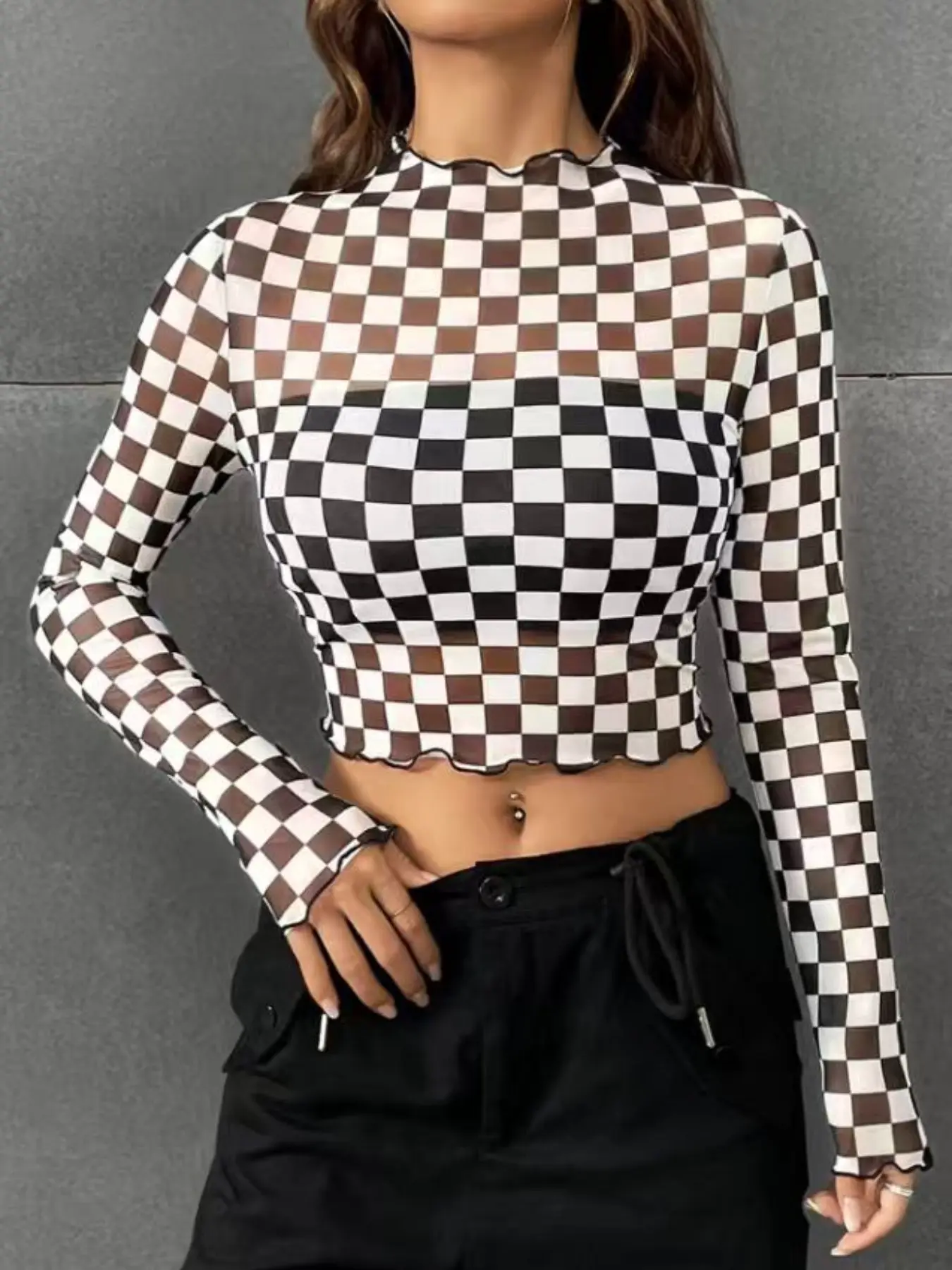 Checkered Plaid Short Top Sexy Navel Cut-Out New American Style Fashion Aesthetic Thin Tight-Fitting Bodycon Fitted Top Long Sleeve T-Shirt for Women Body Hugging Tops Checkerboard Womenswear