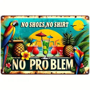 Tropical Hawaiian Parrot Pineapple Cocktail Metal Sign - 8""""x12"""" - Retro Kitchen Wall Decor for Home, Cafe, Living Room - No Shoes, No Shirt, No Problem Design"""