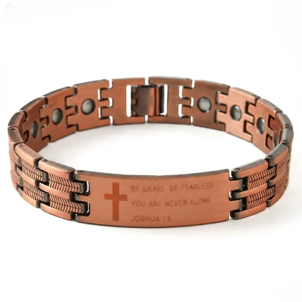 Men's Copper Metal Cross Bracelet - Casual Engraved Joshua Scripture Prayer Text Religious Wristband, Vintage Red Copper Textured Finish Inspirational Faith Jewelry, Inspirational Jewelry, Cross Bracelets, Christian Style, Joshua Scripture Cross