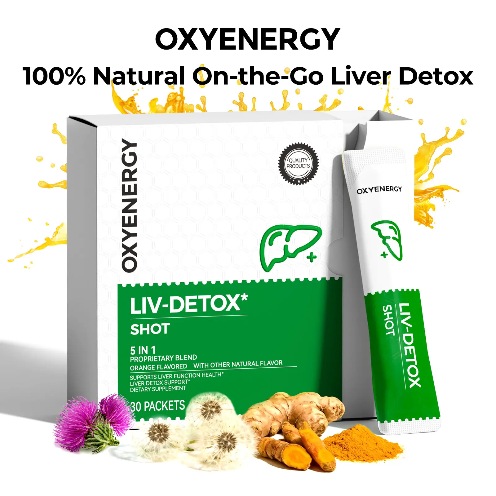 OXYENERGY LIV-DETOX Shot - Turmeric & Milk Thistle LLiver Support Supplement, Orange Flavor, 30 Packets