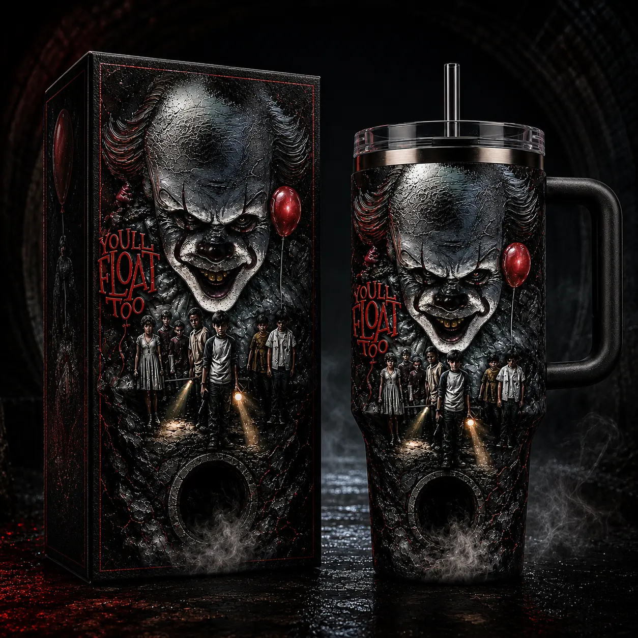 Pennywise - IT Horror Movie Premium 40oz Stainless Steel Tumbler with Handle & Straw, IT Horror Movie Insulated Travel Cup, Halloween Scary Tumbler, Horror Fan Gift