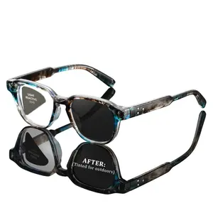 Photochromic Reading Glasses, Square Frame, Sunflower Rivet Design, Anti-Blue Light, Automatic Color Change, Indoor/outdoor (1.00-4.00)