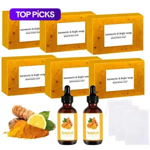 Turmeric Soap & Essential Oil Set, Turmeric Brightening Bar, Including 6 Counts Turmeric Soap & 2 Counts Essential Oil & 3 Counts Soap Saver, Daily Skin Care Set for Men & Women #TOP PICKS
