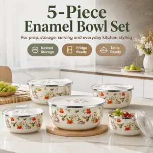 5-Piece Enamel Food Storage Set — Round Bowls with Lids | Versatile Containers for Noodles, Dishes, Fruits, and Soups | Refrigerator-Safe Food Savers