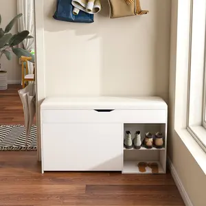 Rectangle Entryway Storage Bench MDF Material Soft Cushion Lift-Top Hidden Storage 3-Tier Rotating Shoe Rack 400lbs High Load Bearing Waterproof Scratch Resistant Space Saving Hallway Shoe Cabinet with Side Compartments