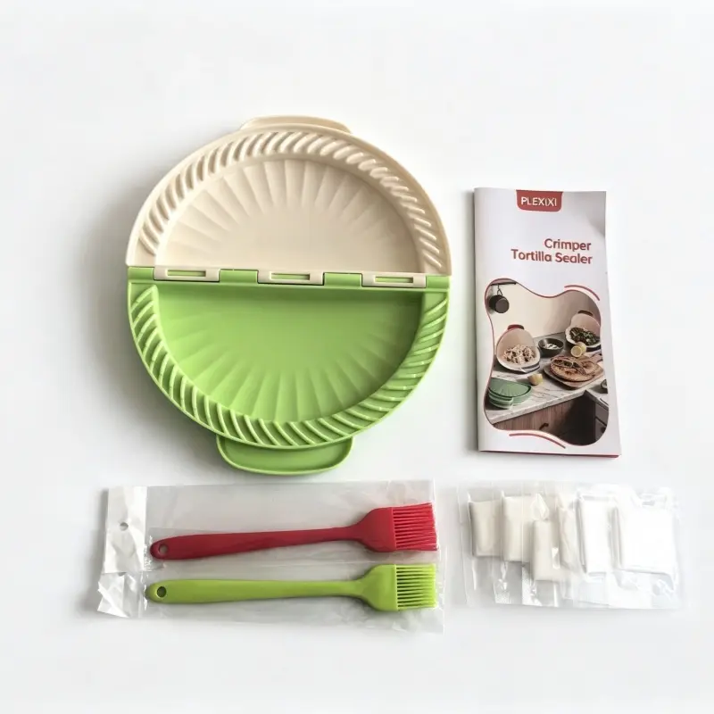 PLEXIXI Crimper Tortilla Sealer, For 10 inch Flour Tortillas Crimper for Quick Quesadilla Crimper Taco Sealer Press, Easy Crimper Tool, Includes 2*Brush Green and beige
