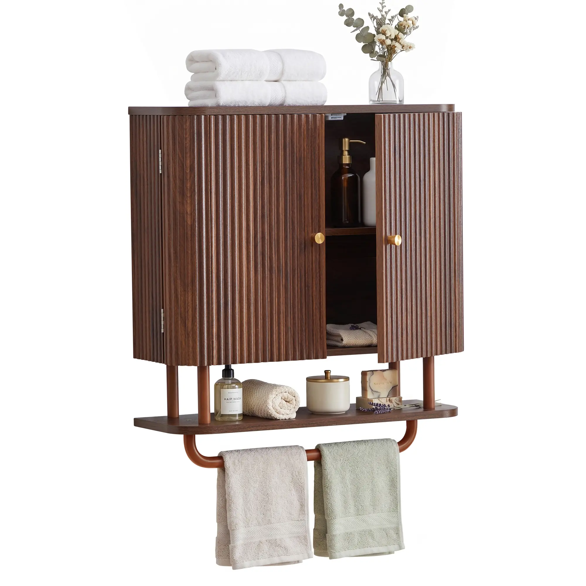 Giratree 24'' Fluted Wall Mounted Bathroom Cabinet with Towel Bar and Adjustable Shelf, MDF Medicine Hanging Storage Organizer Cupboard with 2 Doors for Above Toilet Laundry Room Kitchen
