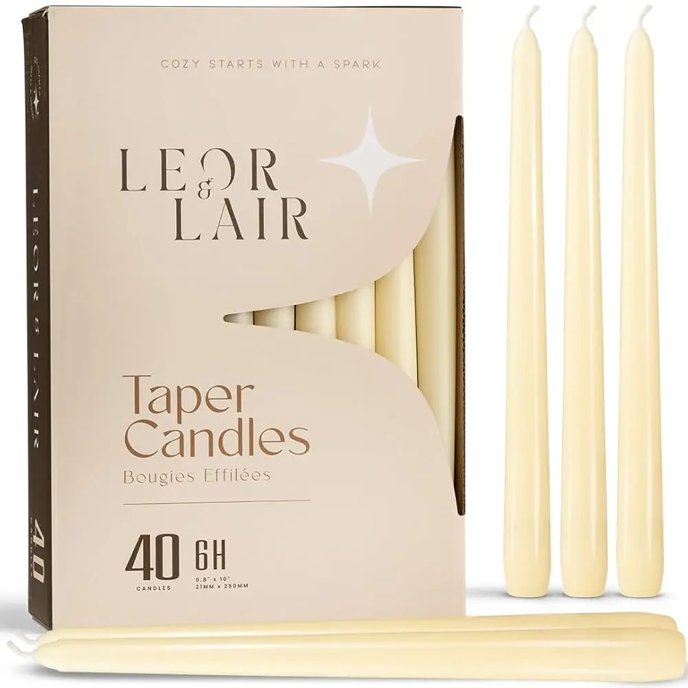 Leor & Lair Taper Candles - 40 Pack Unscented 10" Light, Minimalist Farmhouse Home Decor Candlesticks for Weddings & Events, Available in Ivory, White, Red, Green, Black & Pink, Paraffin Wax