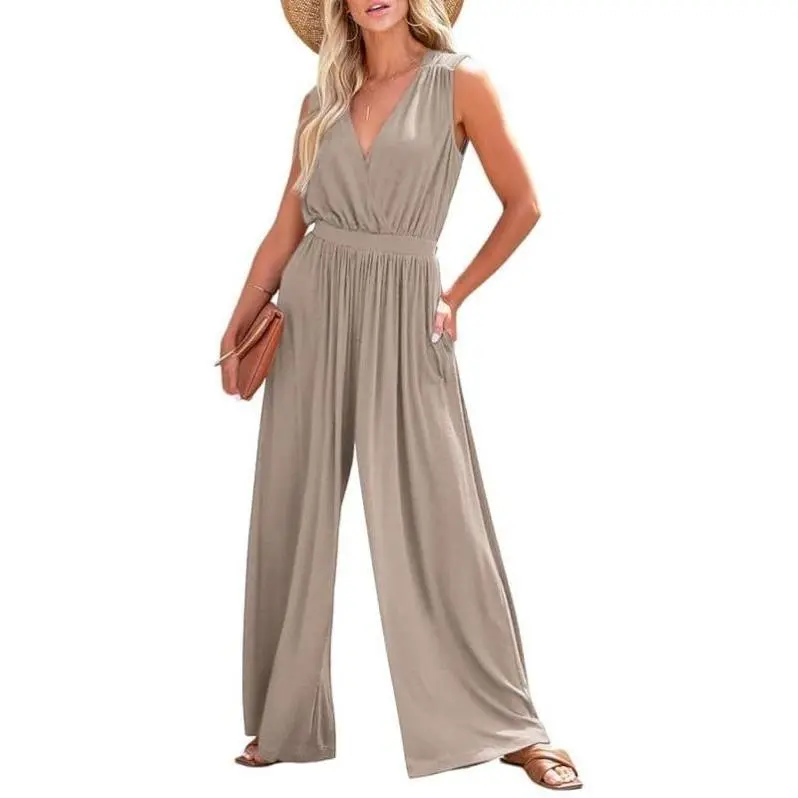 Dokotoo Women's Sleeveless Jumpsuit with Wrapped V Neck & Side Pockets Elegant Casual One Piece Romper for All Seasons