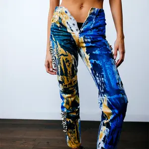 Neonite Women's High-Rise Jeans with Studs - All Over Print, Straight Leg, Button Fly and 5-Pocket - Denim - Bottom, Womenswear