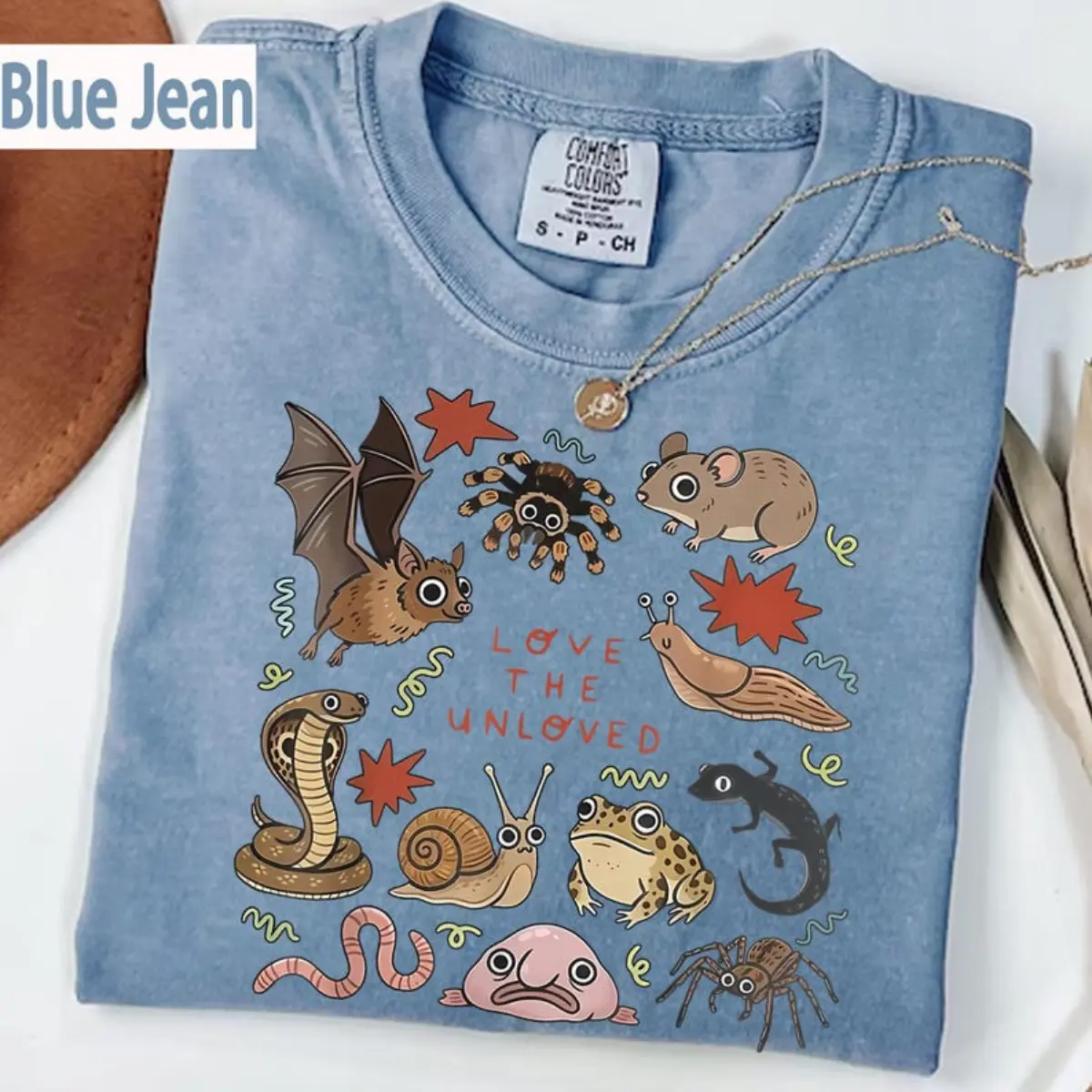 Comfort Colors® Love The Unloved T-Shirt, Vintage Cute Weird Animal Graphic Tee, Bat Snake Tarantula Blobfish Snail Worm Toad "LOVE THE UNLOVED" Biology Science Teacher Bug Lover Unisex Top,Biology Teacher Tee