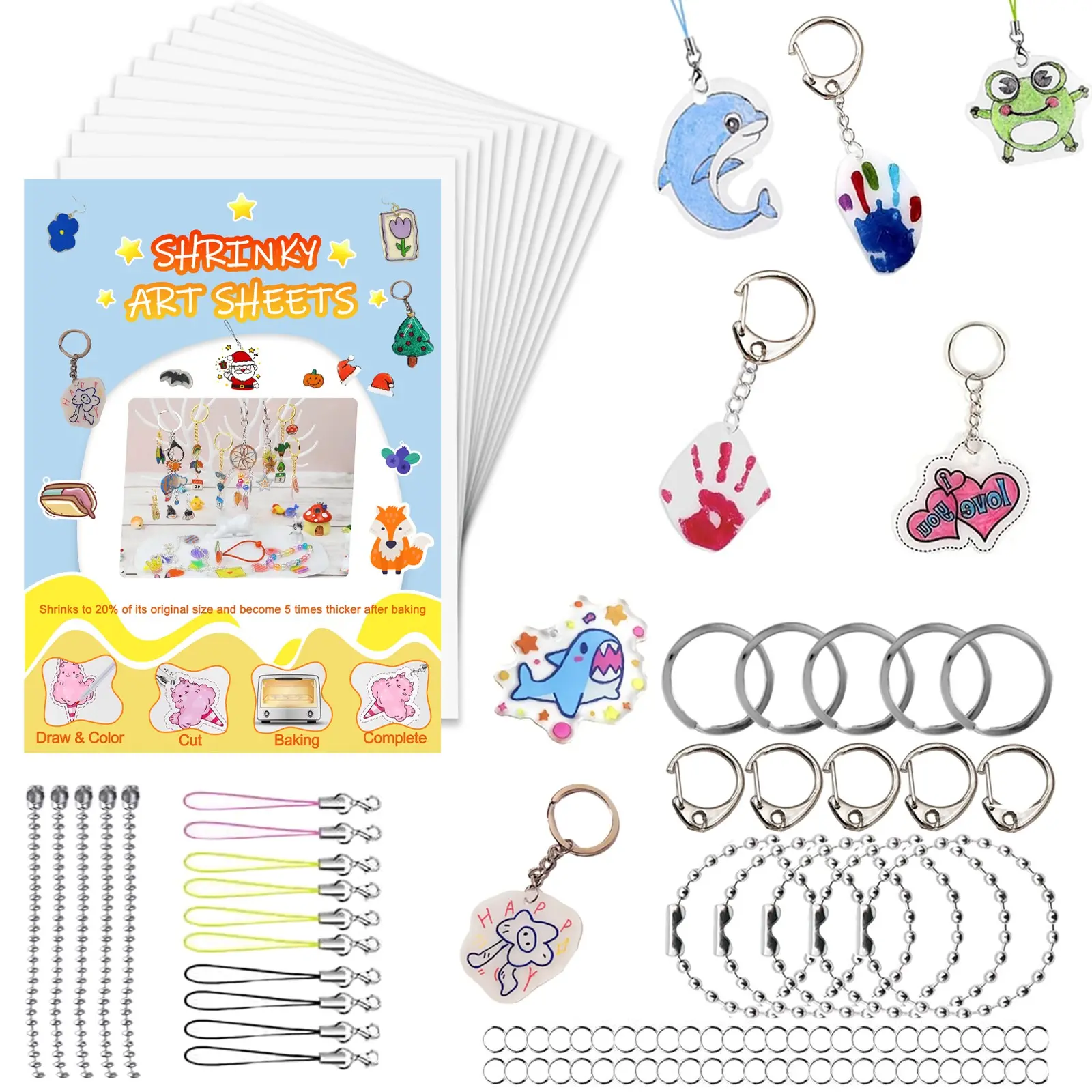 DIY Shrinky Dink Keychain Kit with 12 Shrinky Sheets and 163 Accessories to Make Personalized Keychains, Keychain Set, Safe, Eco-Friendly, Ideal for Kids' Crafts and Parent-Child Activities, Perfect as Party Favors, Keychain Included
