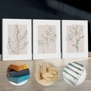 3Pcs Wooden Framed Canvas Painting, Minimalist Line Art Botanical Flowers And Leaves Prints, Exquisite Poster, Home Decoration, Pattern Wall Art Decor, For Living Room, Bedroom, Office, Restaurant, Bar Wall Decor, Odorless, Painting, Print Art