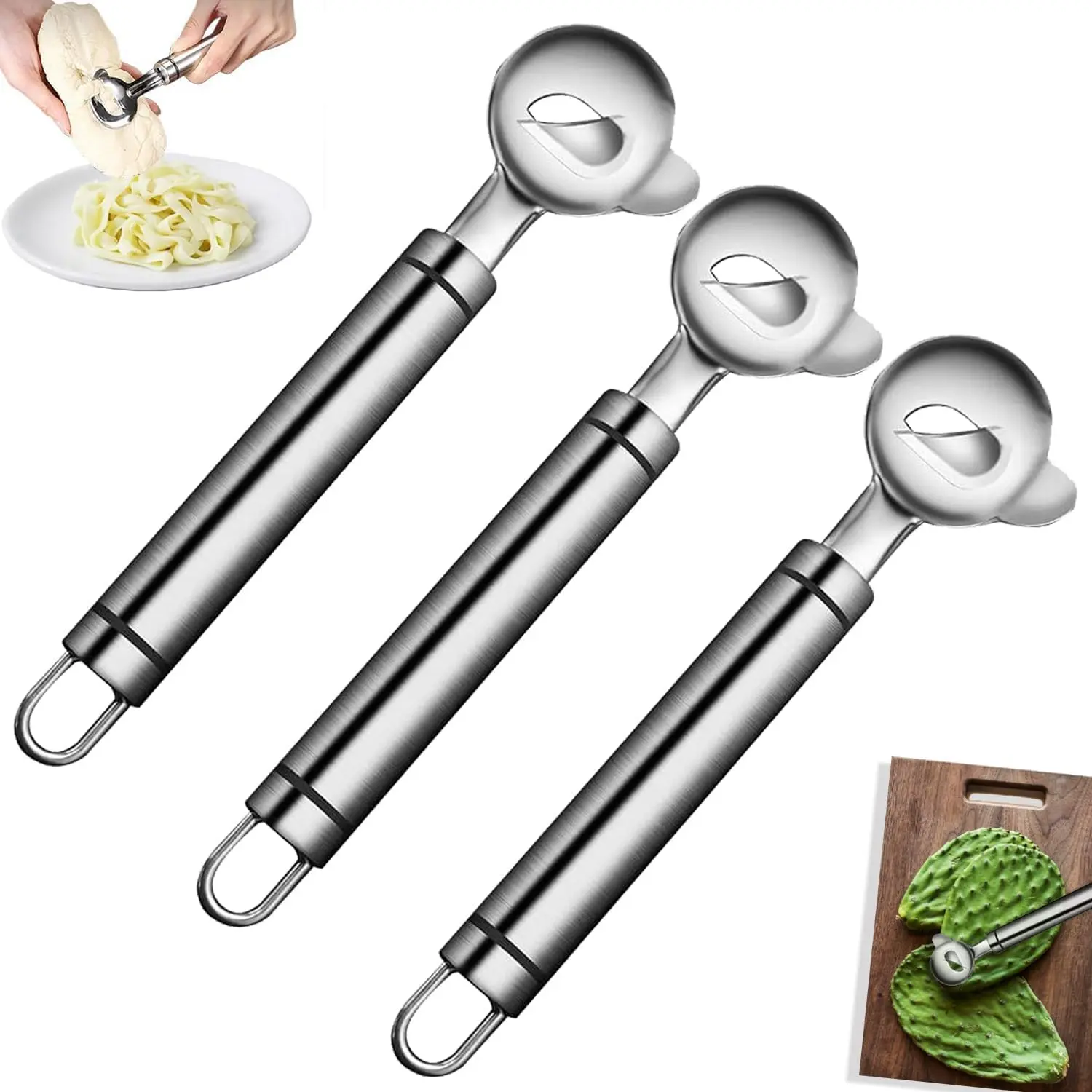 3Pcs Stainless Steel Cactus Peeler Spoons with Blade - Multi-Function Kitchen Utensils, Nopales Peeling Tool, Chinese Noodle Cutter Kitchen Gadget Accessory