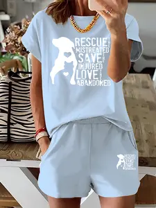 Women's Summer Casual Short Sleeve Shorts Set Outfit, Cat & Dog Print, Fitted Thin Fabric, Regular Length Pants, Perfect for Daily Wear
