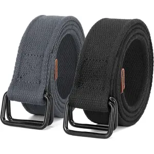 Men's 2-Pack 5mm Solid Color Belts, Durable Breathable Web Fabric Waistband Belts with Casual Double Ring Buckle (Black), Solid Color Belt