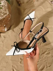 Women's Patent Leather Color-Block Pointed Toe Slingback Heels with Bow Detail, Stylish High Heels for Party, Date & Fashion Events, Trendy Versatile Footwear for Women, Vintage-Chic Shoes