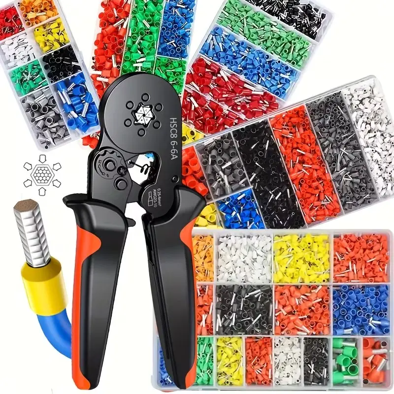 HSC8 6-6A Hexagonal Tube Terminal + Crimping Pliers Cold-Pressed Terminal Crimping Tool Set Hand Tools Tool Kit Set