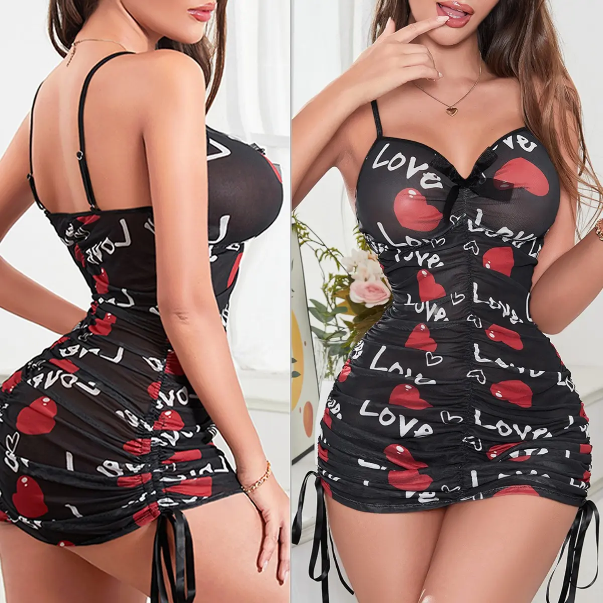 Women's Sexy Printed Sheer Slim-Fit Babydoll Nightgown - Breathable Loungewear Slip Pajamas for Ladies, Valentine's Day, Lady, Cute, Nightwear