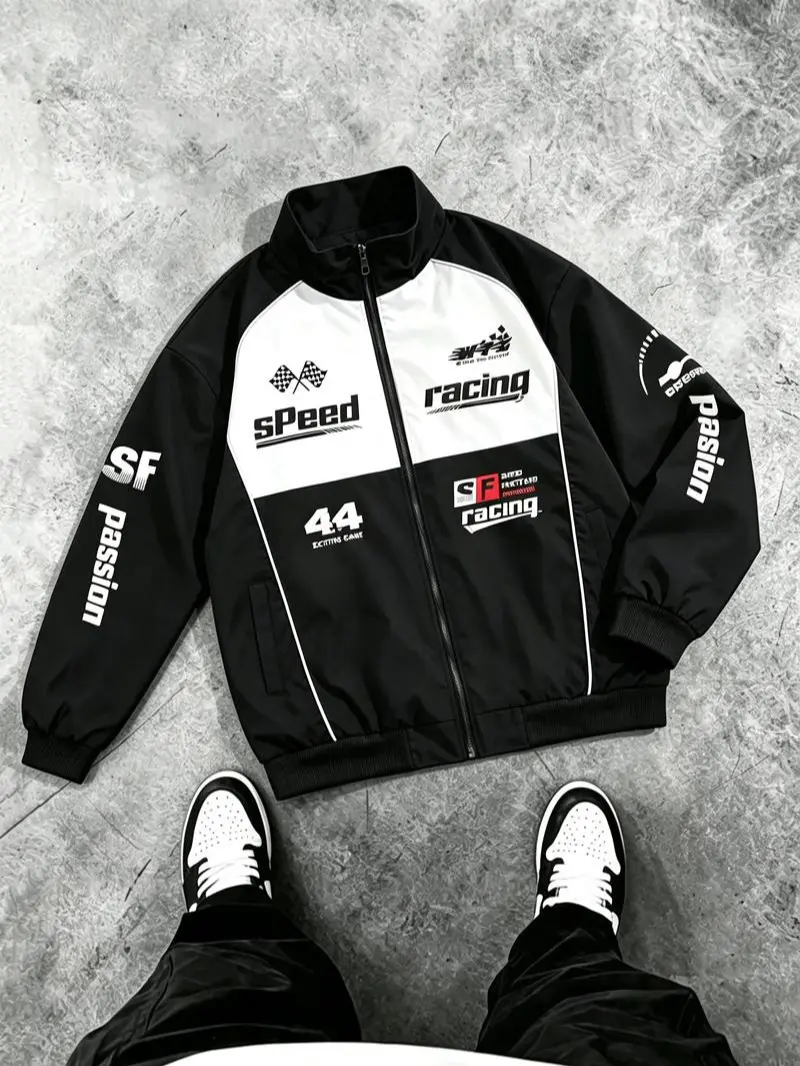 Men’s color-block racing jacket featuring a vintage Speed44 print and stand collar with zipper closure; loose, casual racing outerwear in Y2K street style for motorcycle riding, suitable for everyday streetwear in spring and autumn.