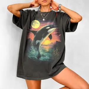 Orca Midnight Vintage Graphic Comfort Colors T-Shirt, Retro Ocean Moonlight Tee 74Q