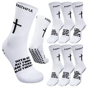 6 Pairs Bible Verse Cross Sock Cross Grip Soccer Socks Anti-Slip Grip Socks with Rubber Dots Religious Design Grip Socks Christian Gift for Youth Men Sport Basketball Football Tennis Gym Comfortable Fit