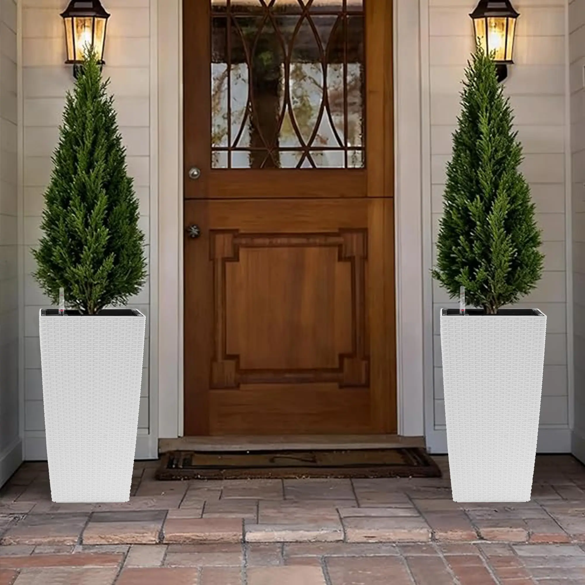 2-Pack 22in High Self-Watering Ornamental Flower Pots, Heavy-Duty Plastic Jumbo Large Bucket Planters for Indoor Porch & Outdoor Garden, Home Improvement Garden Supplies (White), Self Watering Pots For Outdoor Plants, Large Bucket Flower Pots, Heavy Duty