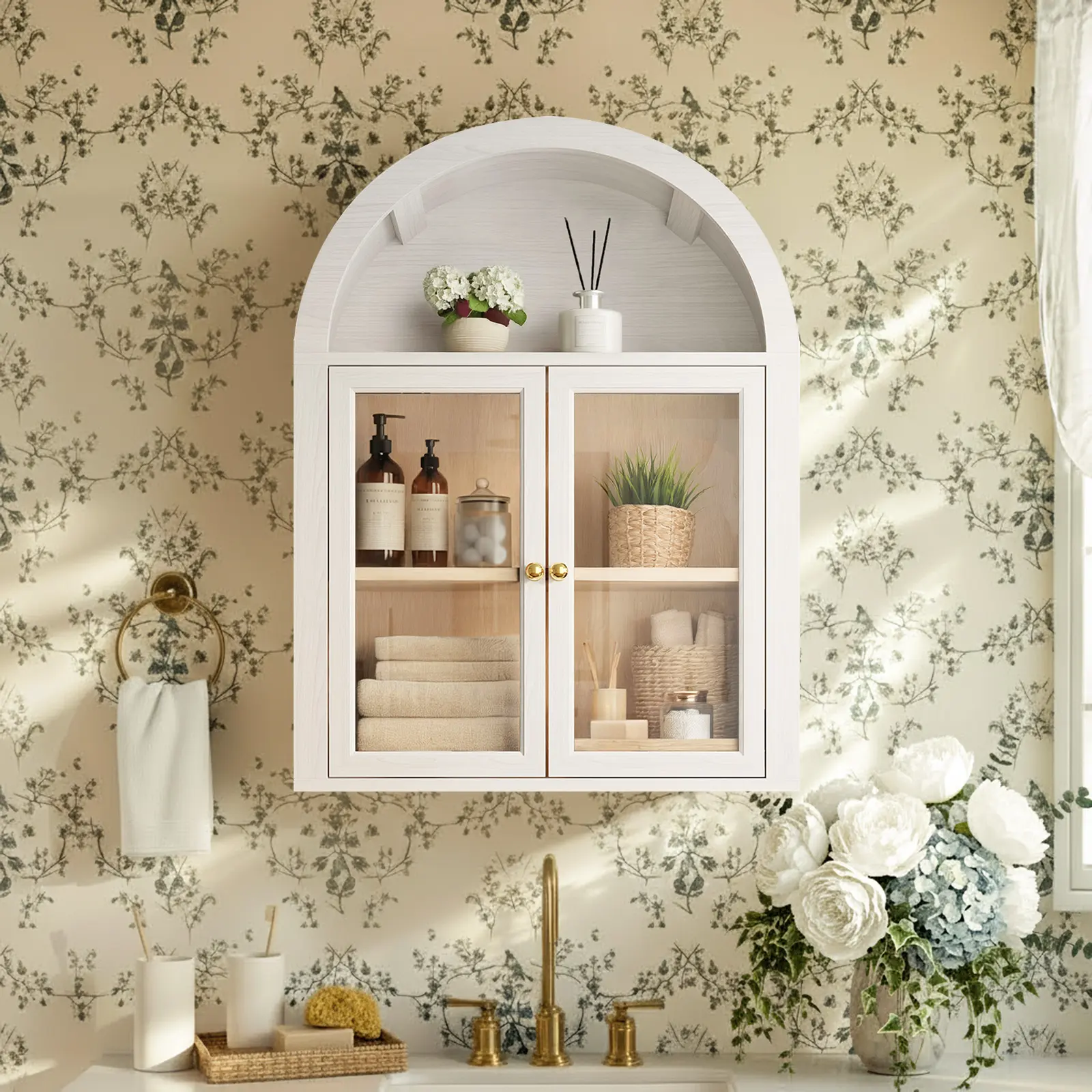 Wooden Arched Wall-Mounted Bathroom Storage Cabinet with Tempered Glass Doors, Adjustable Shelf for Kitchen, Living Room