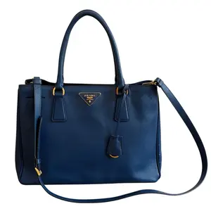Pre-owned PRADA Galleria Tote Bags Authentic with COA Saffiano double zip tote bag Blue Leather Removable Strap