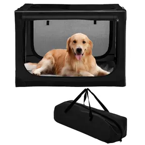 Collapsible Travel Dog Crate for Medium Large Dogs, Portable Oxford Cloth Dog Crate 4-Door Foldable Soft Kennel with Chew-Proof Mesh Windows for Indoor & Outdoor Travel,with Storage Bag,Black