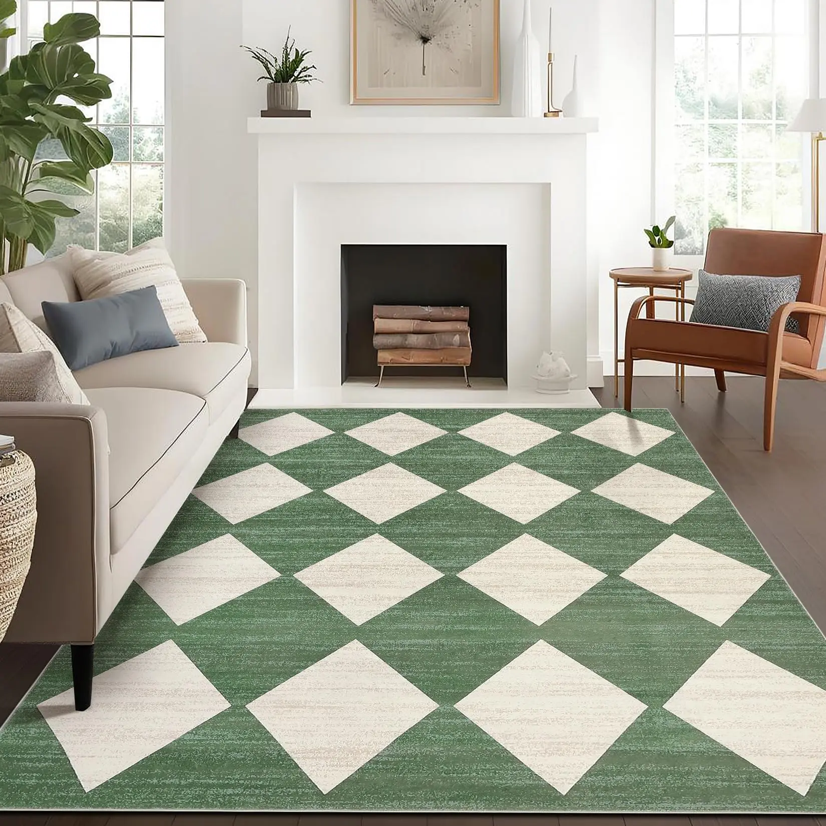 GARVEE - Washable Checkered Rug, 8 x 10 Inches, Modern Neutral Rug for Living Room, Stain Resistant, Large, Washable Checkered Rug for Hardwood Floor, Under the Table
