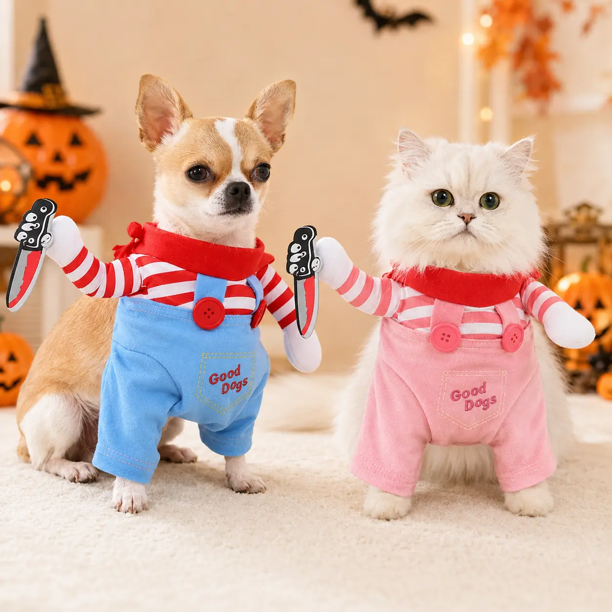 Matching Dog & Cat Halloween Costumes, Funny Creepy Doll Outfits for Small Dogs, Cats & Pet Halloween Photo Props