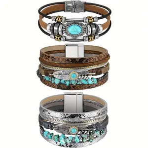 3pcs Turquoise Bracelet for Women Western Country Jewelry Leather Bracelet