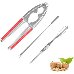 Nut Crackers Walnut Cracker Heavy Duty Shell Cracker Seafood Cracker Walnut Opener Tool with with Red Non-slip Handle, with 2 Pcs Forks/Picks