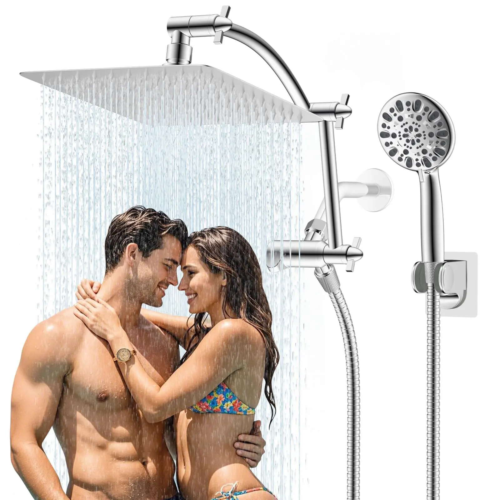 Hibbent All-Metal Square Shower Head & Handheld Combo Set, 10in High-Pressure Rain Shower, 16in Adjustable Arm, 7 Spray Settings, 71in Hose, Adhesive Mount Holder, Shower Head Combo Set