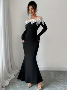 A fashionable Elegant black mesh patchwork lace dress for women, with mesh patchwork off the shoulder, slim fit to show off the figure, suitable for commuting to work, shopping and outdoor activities, indoor and outdoor dressing
