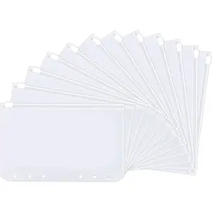 12PCS Binder Pockets，A6 Size 6 Holes Zipper Cash Envelopes for A6 6-Ring Notebook Binder for School Home Office