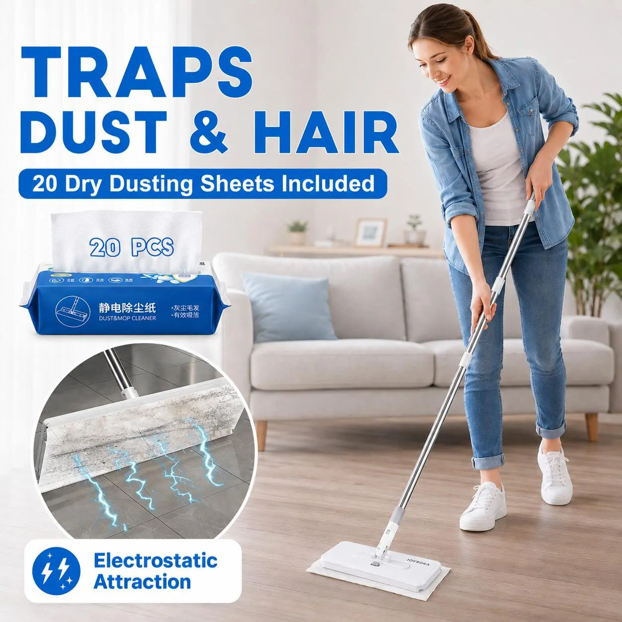 JOVZEOLA Stainless Steel Push Clamp Floor Mop, 360° Swivel Low-Profile Head, Hands-Free Pad Release, 20 Dry Wipes Included, Wet & Dry Sweeper for Static Pet Hair & Dust Pickup